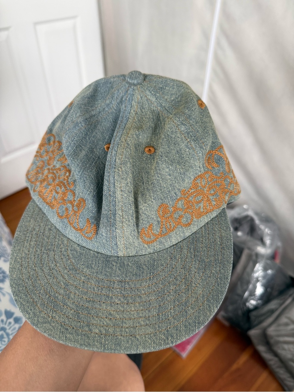 DENIM TEARS Western Denim Cap in Blue with Gold Embroidery